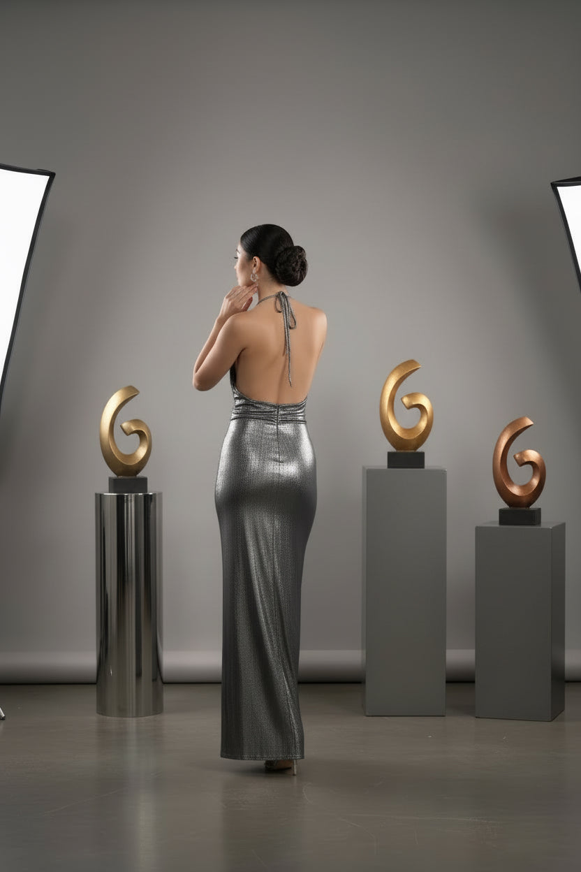 Metallic Maxi Dress with Slit – Silver