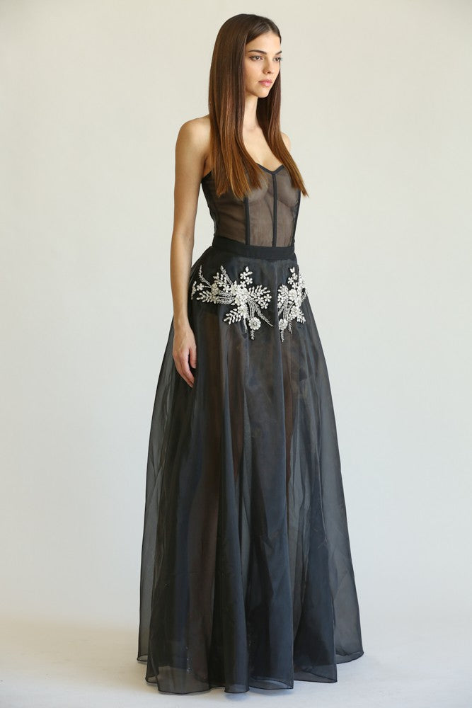 Vestido Negro Transparente con Bordado de Pedrería