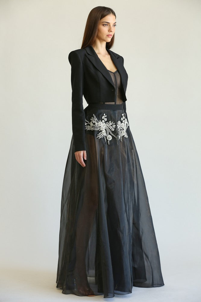 Vestido Negro Transparente con Bordado de Pedrería