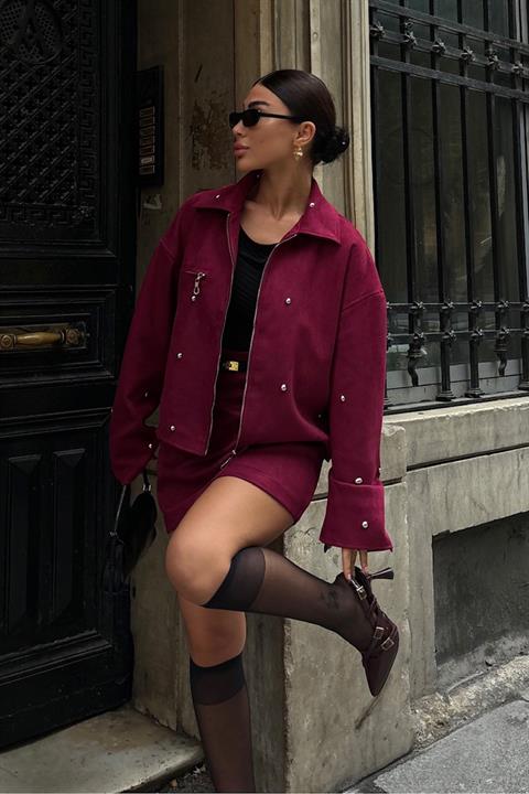 Burgundy Set of Oversized Jacket and Mini Skirt