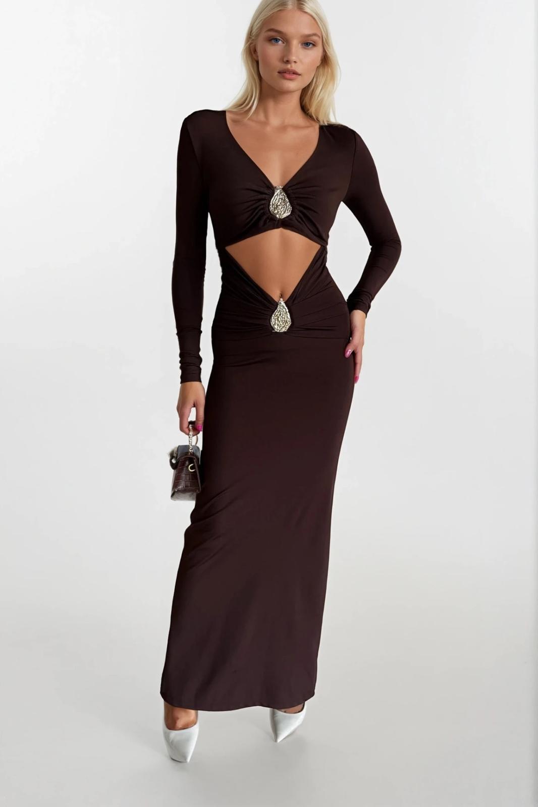 Vestido Café Chocolate con Cut-Out y Apliques de Cristal