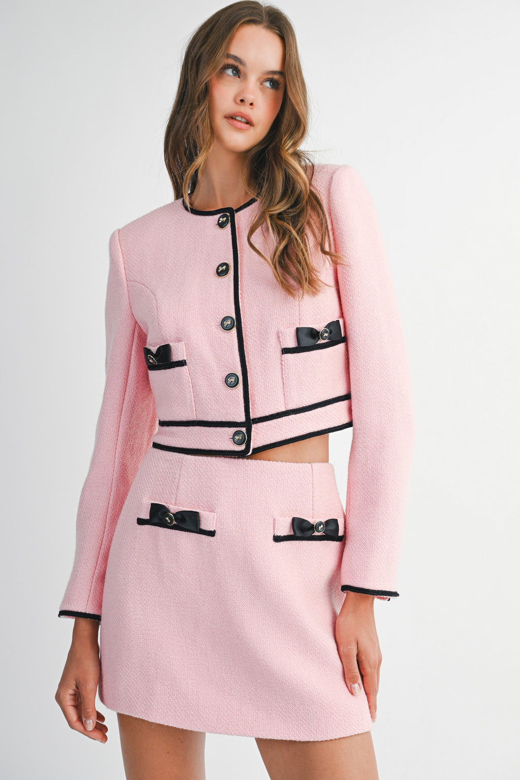 Conjunto Rosa Tweed de 2 Piezas con Lazos Negros