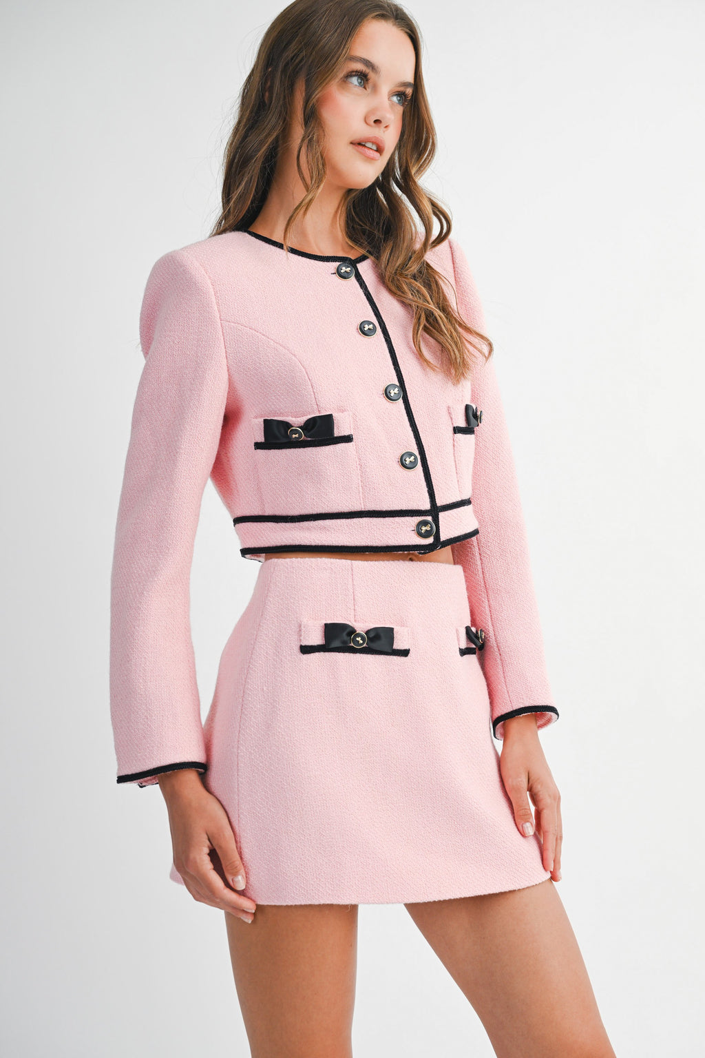 Conjunto Rosa Tweed de 2 Piezas con Lazos Negros