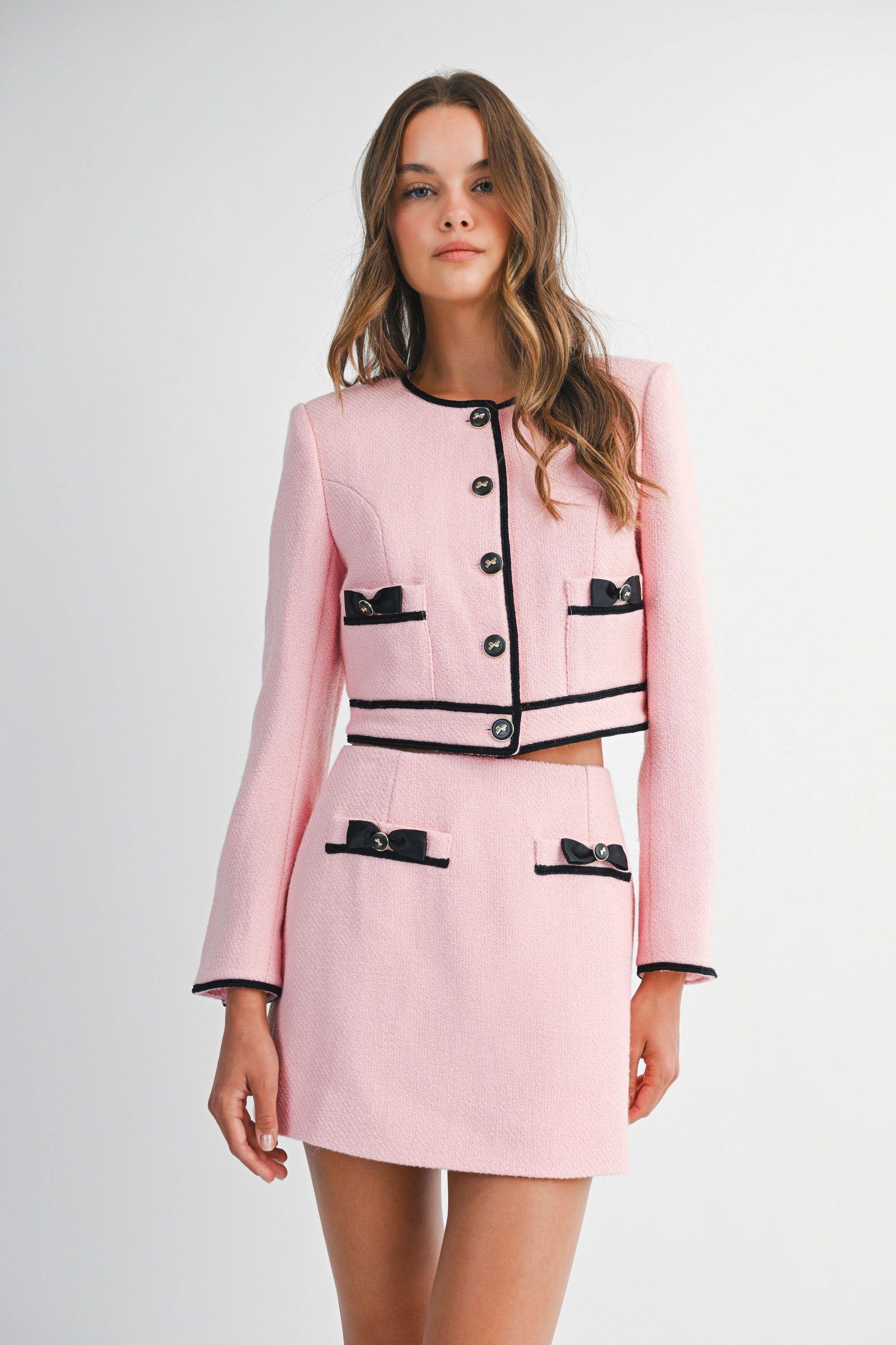Conjunto Rosa Tweed de 2 Piezas con Lazos Negros