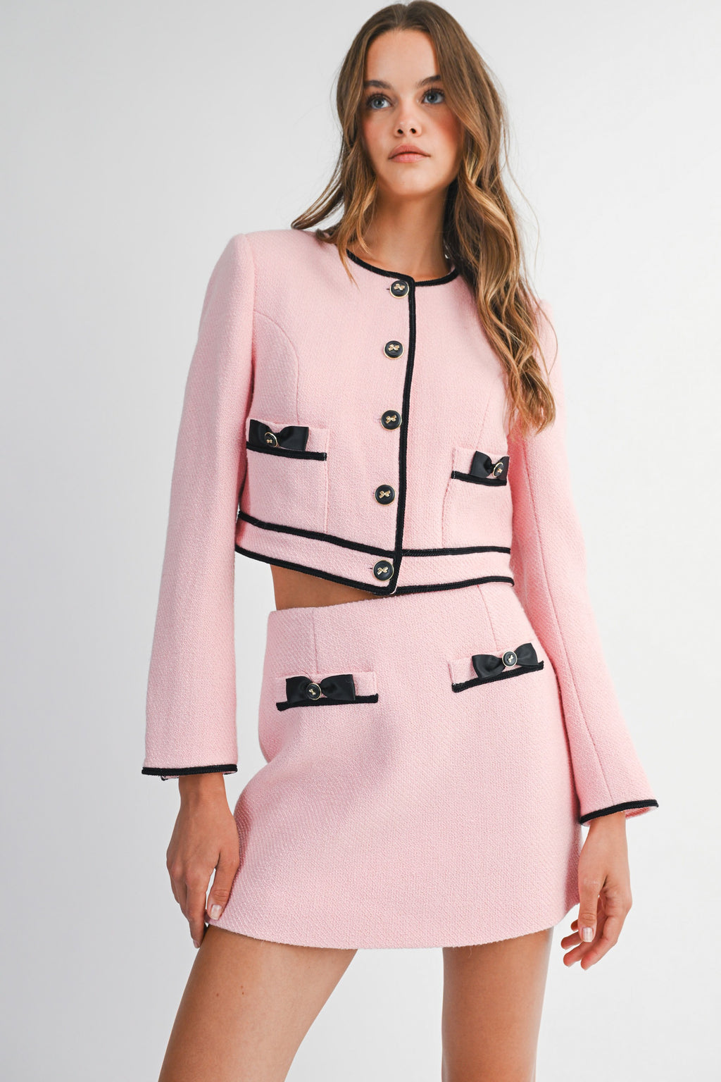 Conjunto Rosa Tweed de 2 Piezas con Lazos Negros