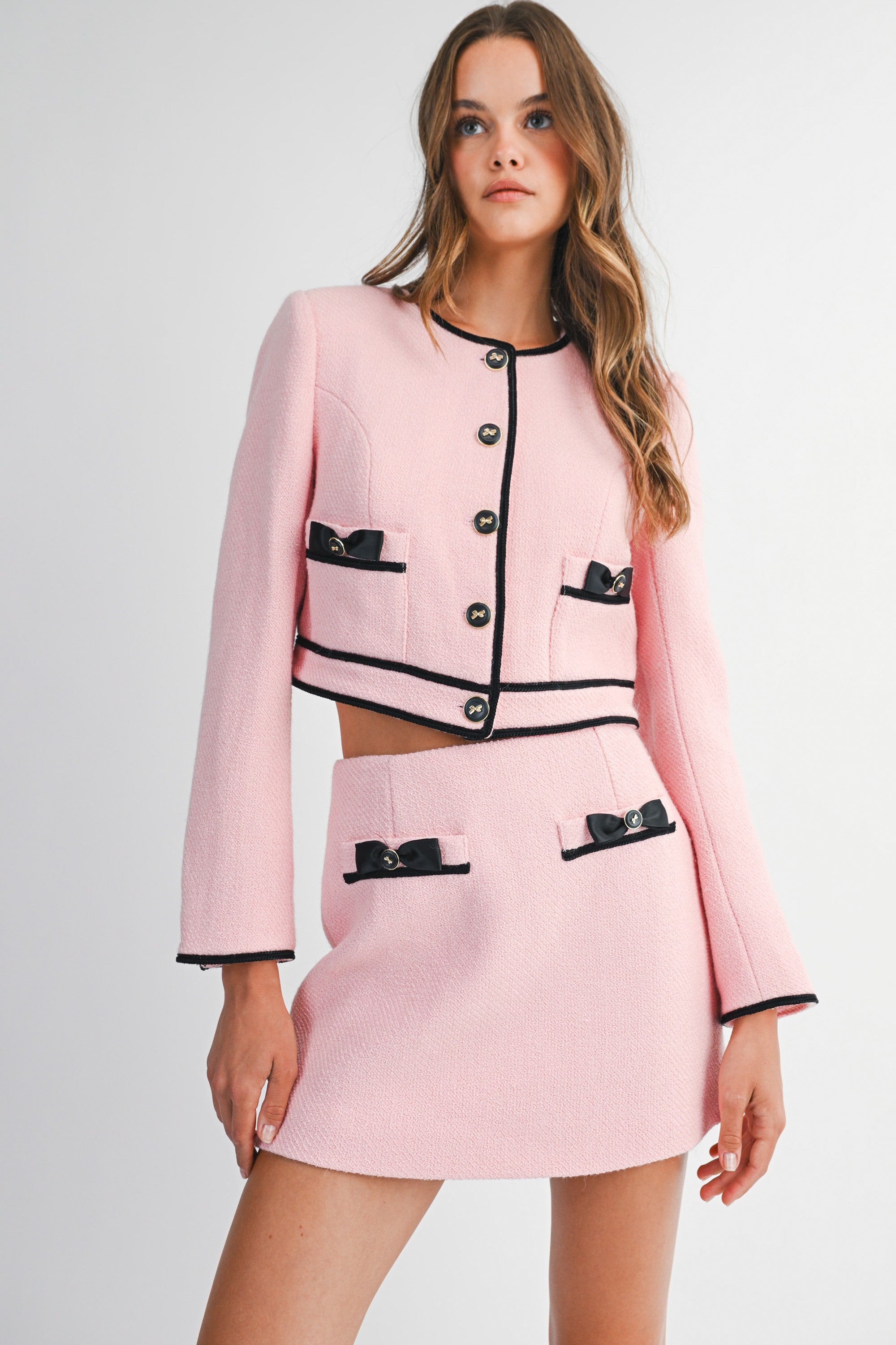 Conjunto Rosa Tweed de 2 Piezas con Lazos Negros