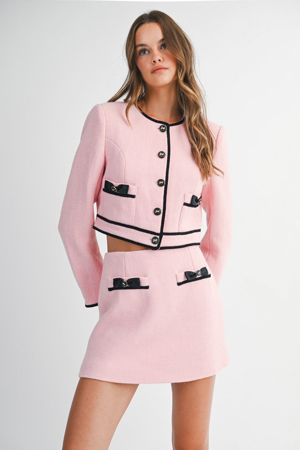 Conjunto Rosa Tweed de 2 Piezas con Lazos Negros