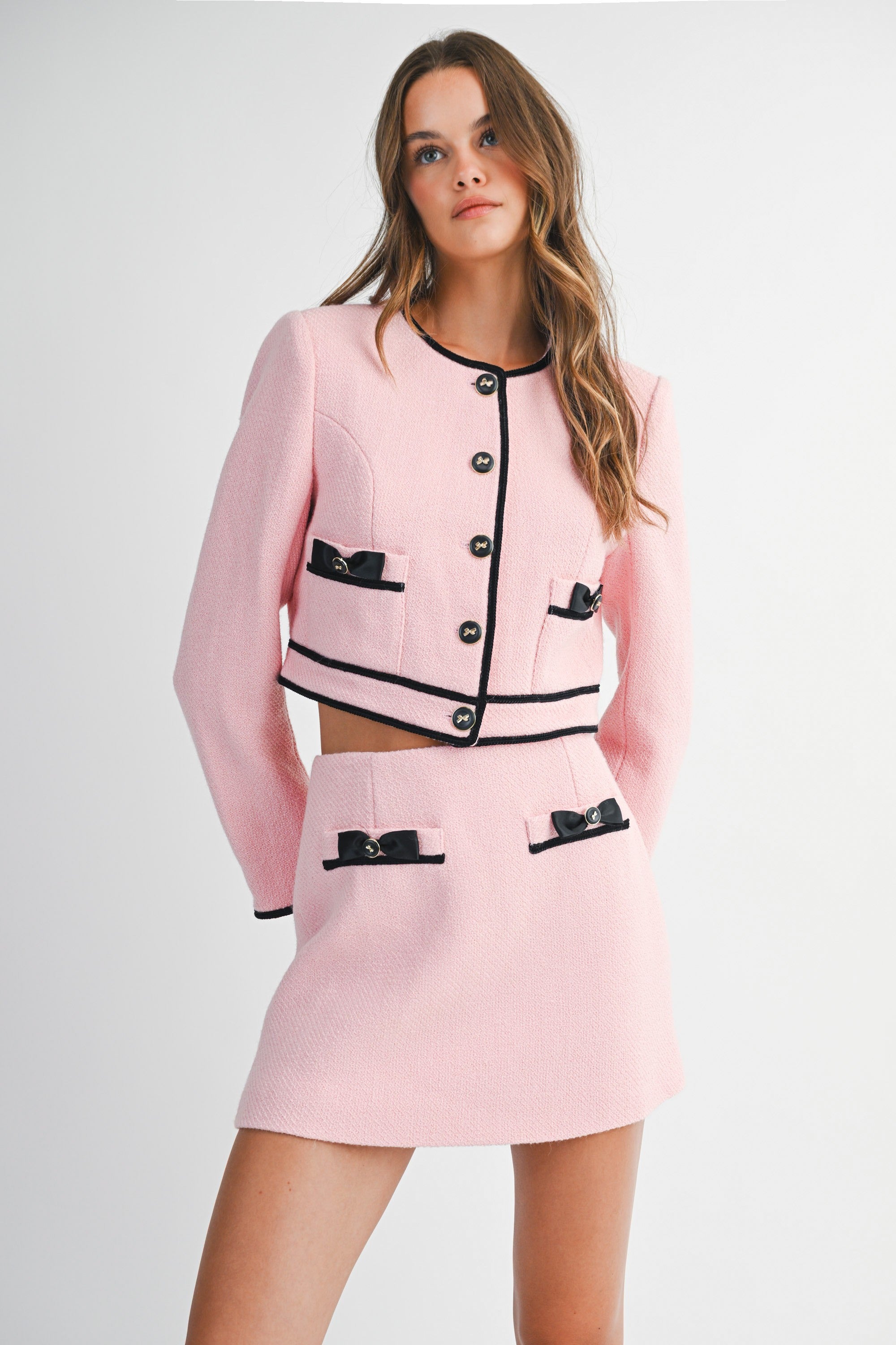 Conjunto Rosa Tweed de 2 Piezas con Lazos Negros