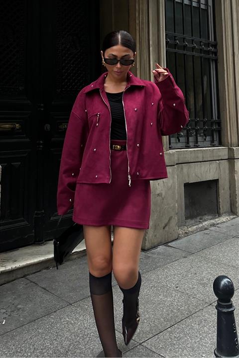 Burgundy Set of Oversized Jacket and Mini Skirt