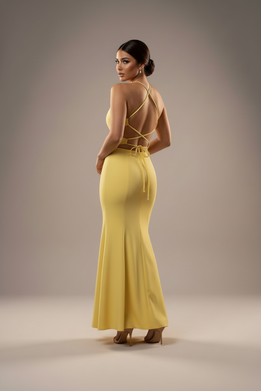 Vestido Halter Cruzado con Espalda Abierta – Amarillo Sol