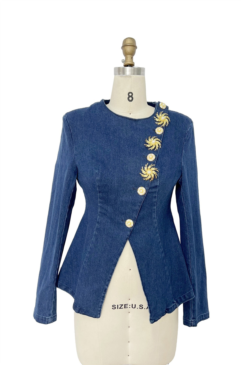 Blazer Azul con Bordado Dorado y Corte Asimétrico