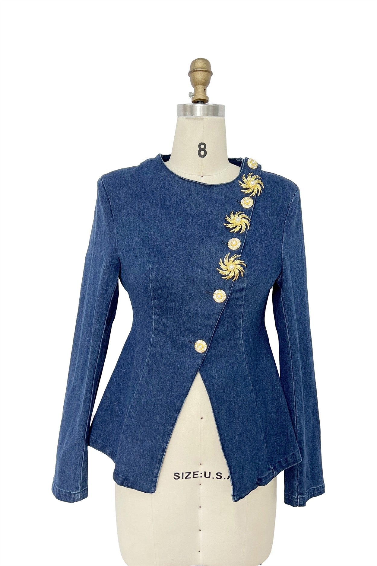 Blazer Azul con Bordado Dorado y Corte Asimétrico