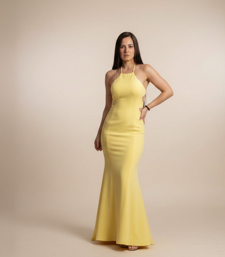 Vestido Halter Cruzado con Espalda Abierta – Amarillo Sol