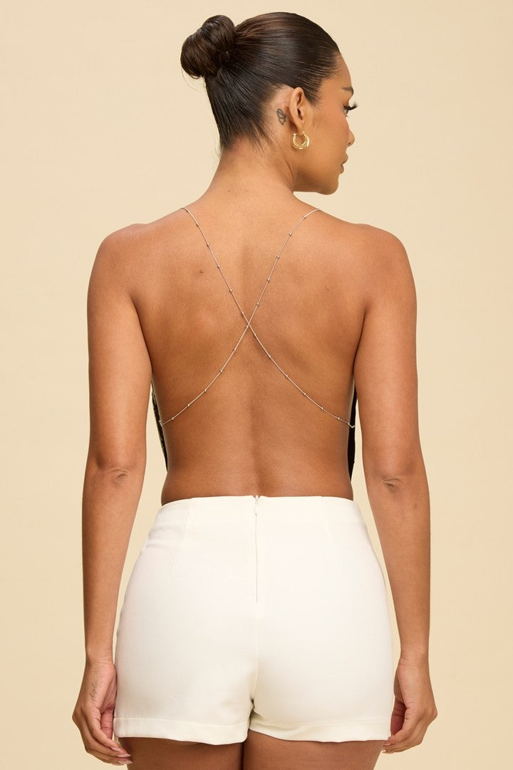 Top Negro de Lentejuelas con Escote Drapeado y Tirantes Finos