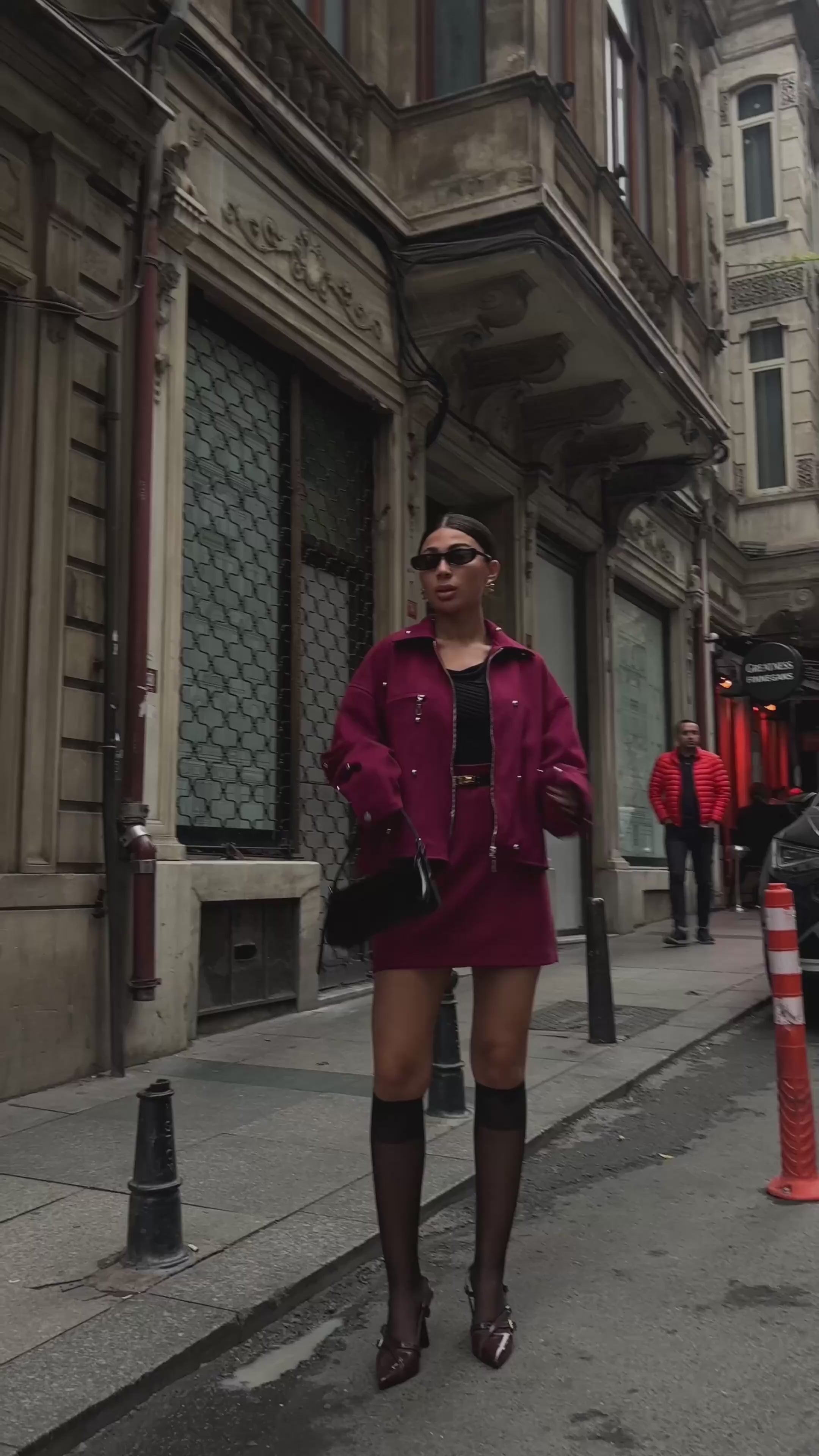 Burgundy Set of Oversized Jacket and Mini Skirt
