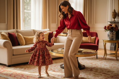 una mujer en una sala de estar feliz que se vea la ropa porque es de una boutique junto a su hija de 4 años, los colores de la marca son rojo dorado y beige